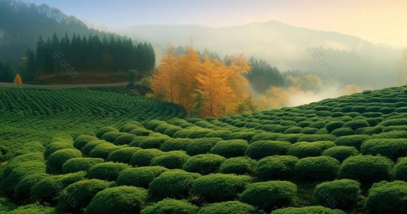 蓝色天空下秋天生态茶园成片野生茶摄影图,高清,摄影图,摄影图片,图片大全,摄影图免费下载